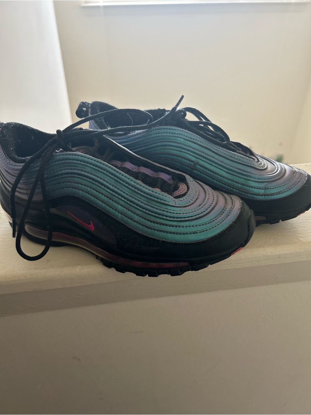 Nike Air Max 97 Iridescent Teal and Black with Pink Swoosh